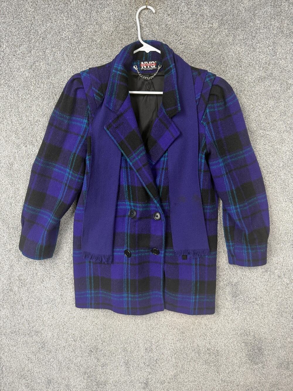 Vintage 80s New York Girl Pea Coat 10 Purple Plaid Wool Fringe Union Made USA